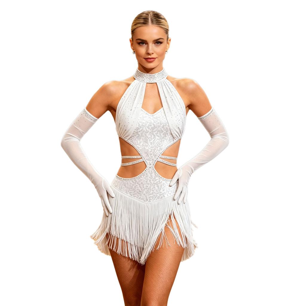 Women Latin Dance Fringed Dress Cutout Sleeveless Strappy Waist Tassel Hem Sequined Dress with Long Gloves