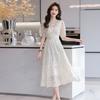 Heavy Industry Embroidery V-neck Dress Women's Summer New Design Lace Splicing Super Fairy Medium and Long Skirt