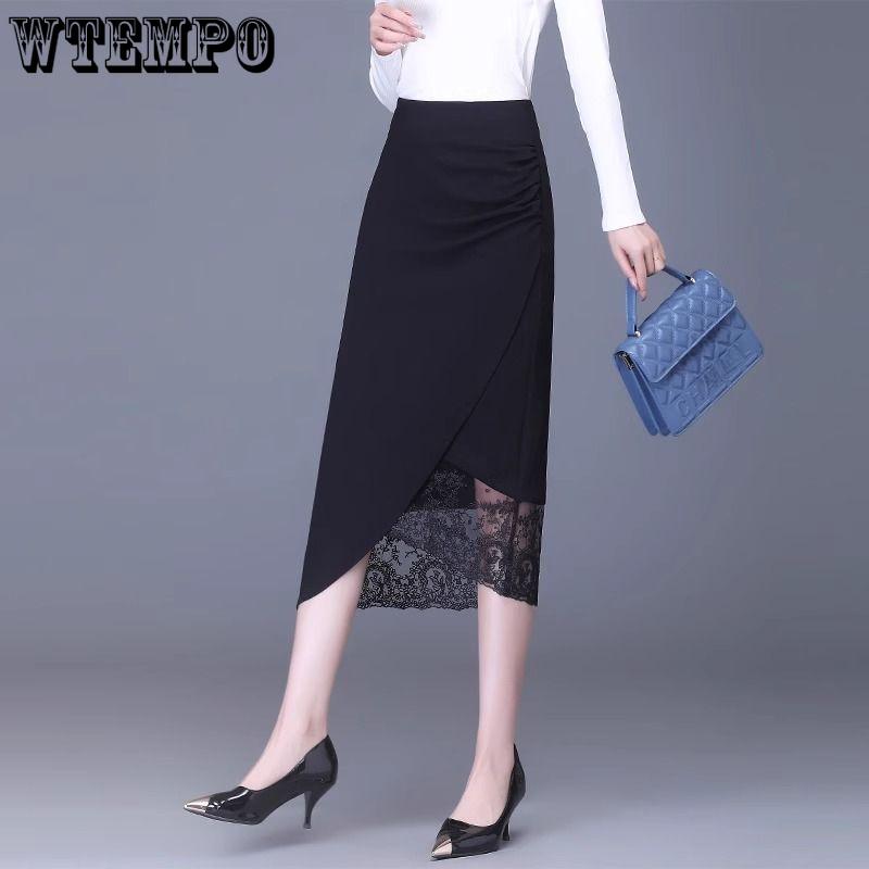 Irregular Half Length Skirt for Women Spring/Summer Collection Medium Length Style Lace Splicing Black Hip Wrapping Skirt