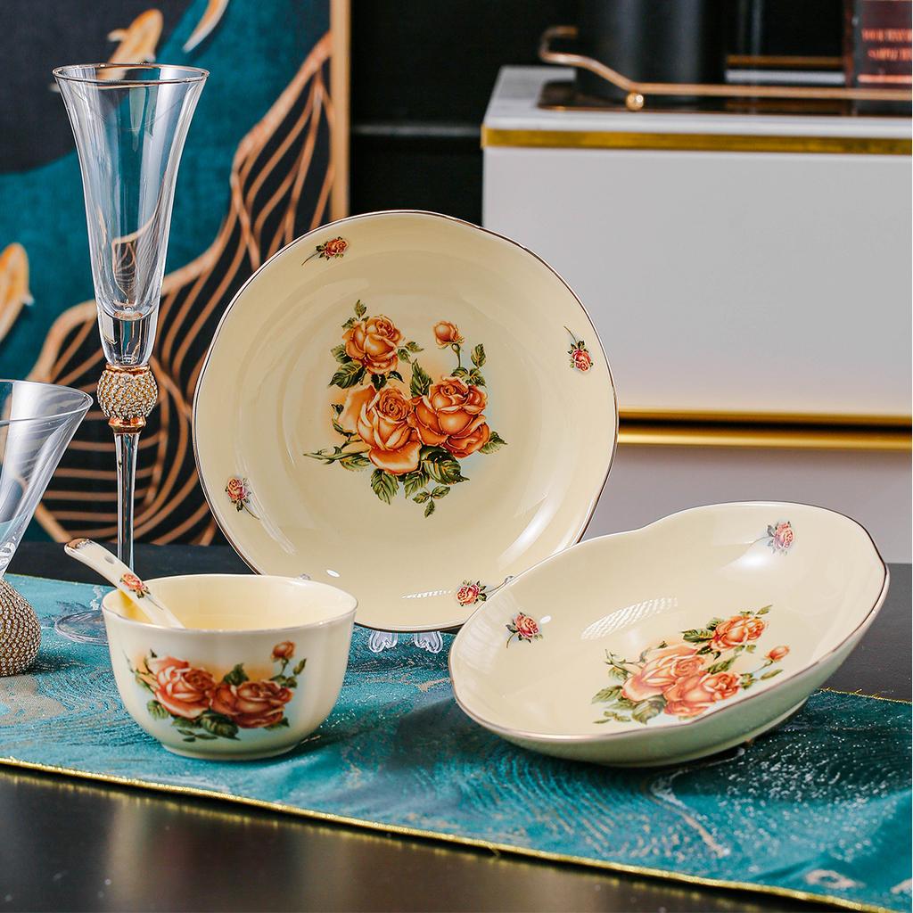 2 шт. Элегантная керамическая сервировочная тарелка в европейском стиле - Золотая отделка и узор из роз, Универсальная для стейка, пасты, супа, салата, фруктов