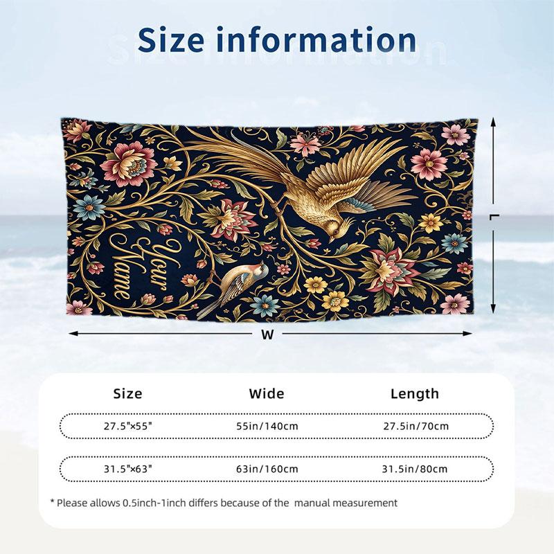 Golden Bird Floral Art Theme Quick Dry Beach Towel Custom Name Text Print Large Sand Resistant Towel Beach Vacation