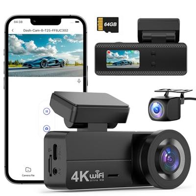 CHORTAU Новая Версия Видеорегистратор, Передняя и Задняя Камеры, 4K UHD 8Мп + 1080P Full HD HDR/WDR Коррекция, 5G WIFI, Широкоугольный Обзор 170 градусов, Карта 64 ГБ в Комплекте