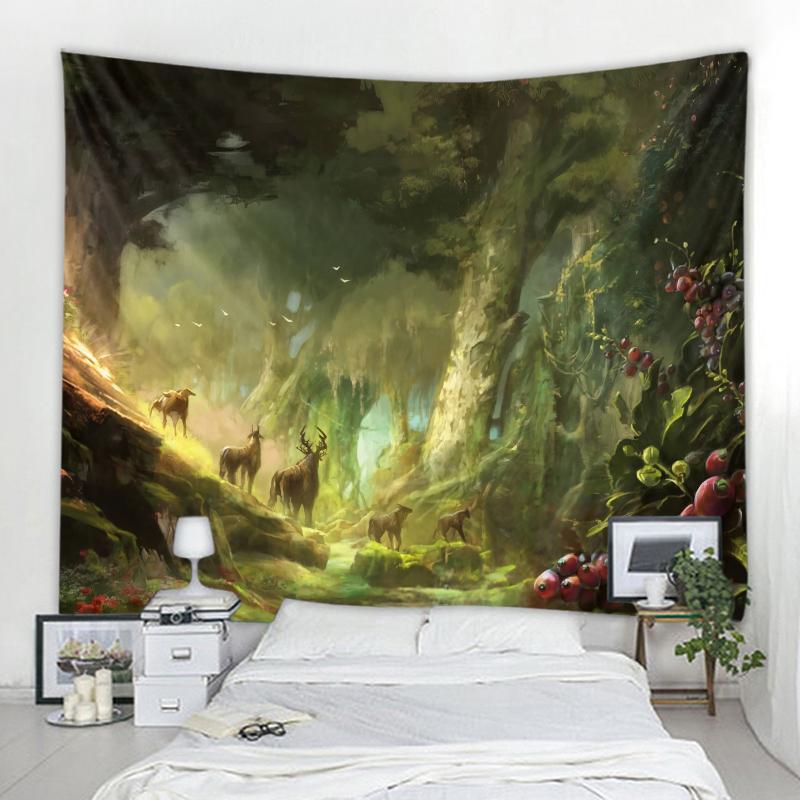 Фэнтезийный лесной пейзаж, фон, украшение на стену, гобелен, настенное украшение в скандинавском богемном стиле, украшение для комнаты, дома