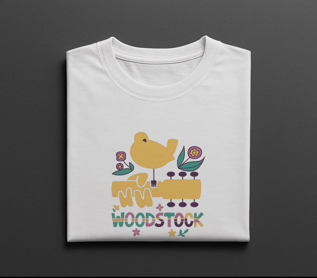 Woodstock Retro Bird Guitar T-Shirt Colorful Hippie Music Festival Graphic Tee