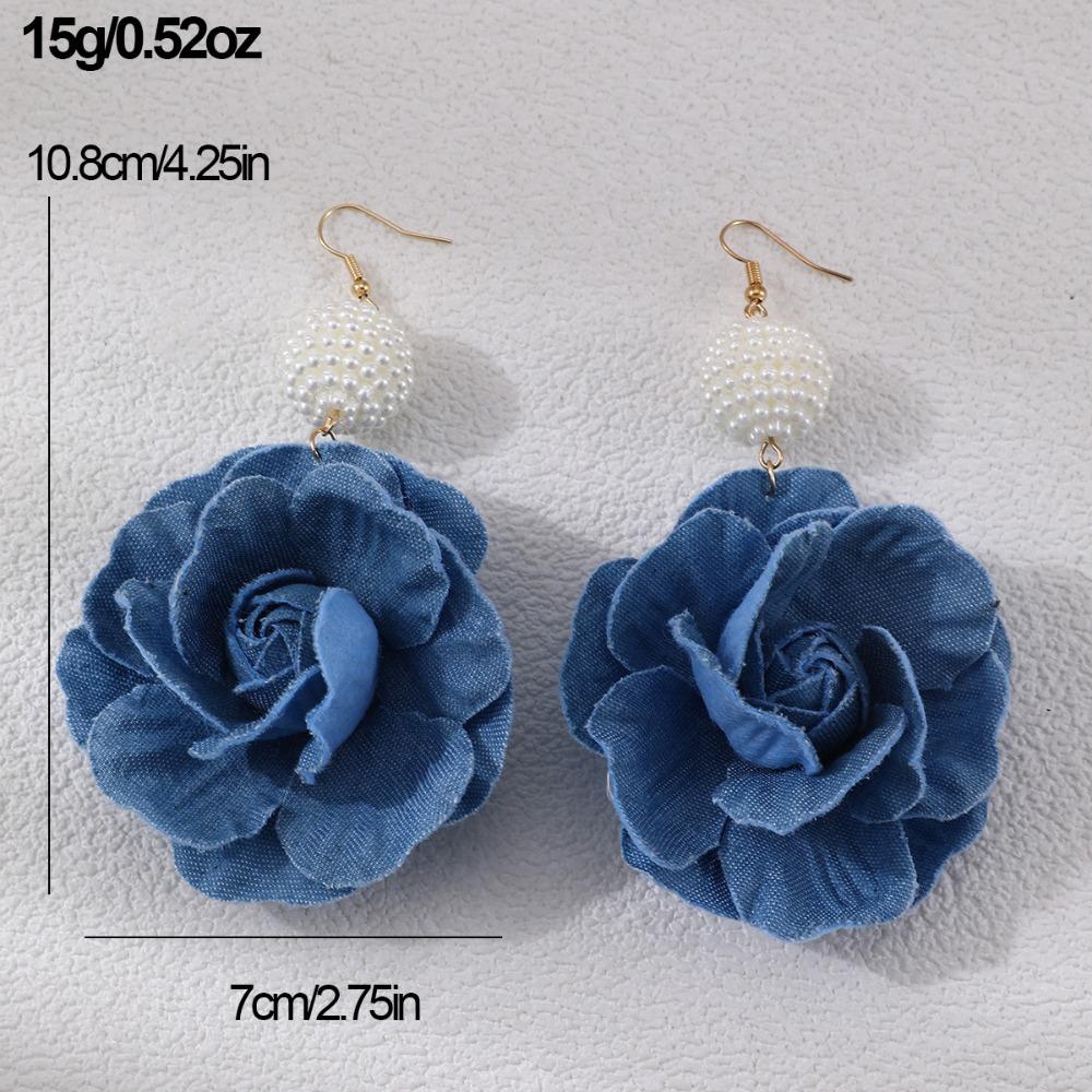 Denims Blue Rose Earrings Handmade Flower Earrings Fashion Denim Floral Earrings