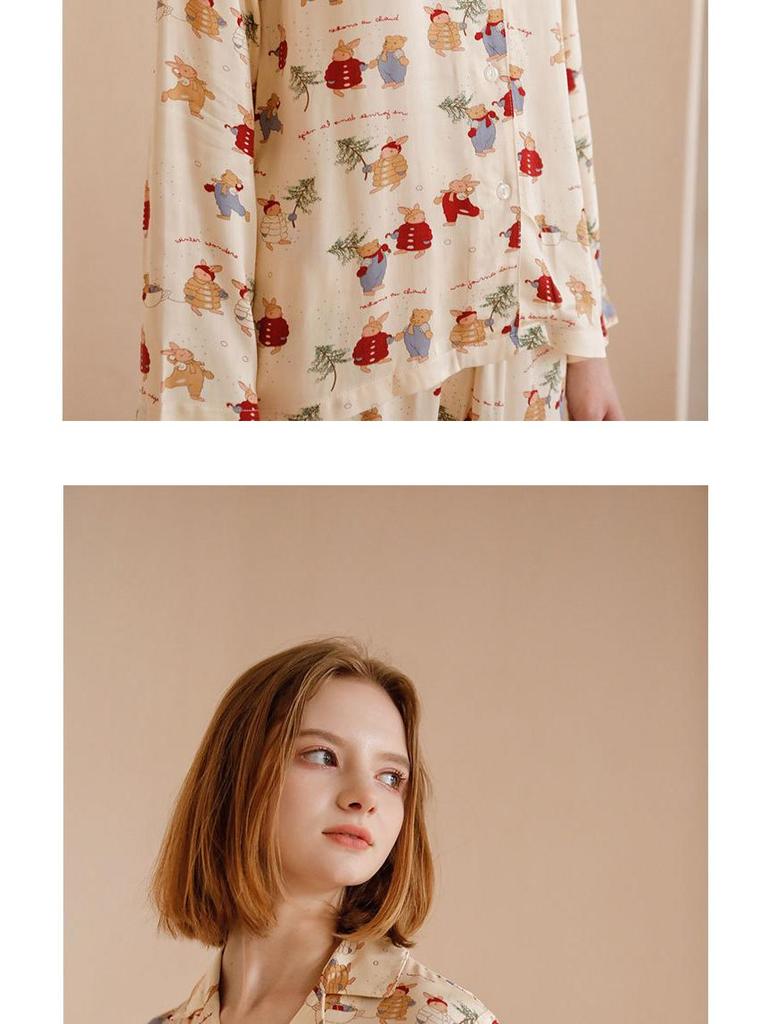 Женский рождественский пижамный комплект из сатина с принтом кролика - с коротким рукавом и шортами