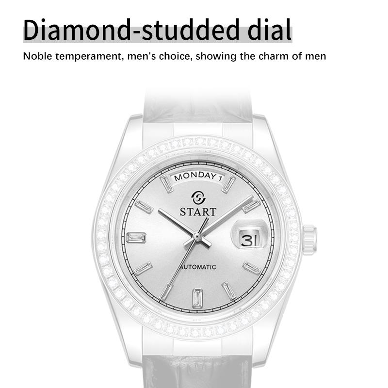 Start Men's Diamond Watch Automatic Mechanical Watch Waterproof Date Week Function Fashion Leather Watch