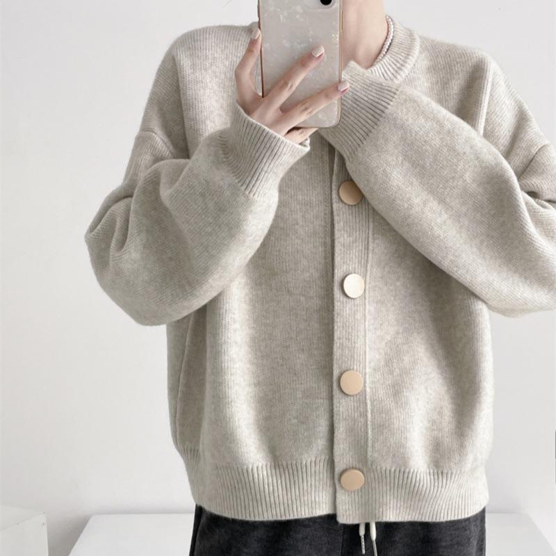 Осенне-зимний дизайн Однобортный вязаный свитер Женский кардиган Ленивый стиль Свободный Однотонный С круглым вырезом Топ