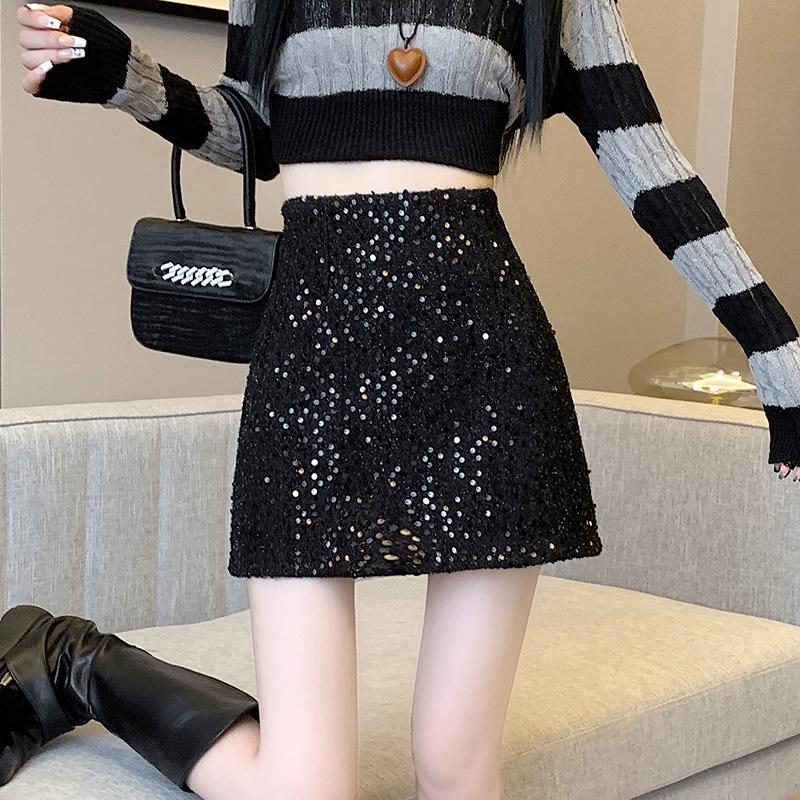 Xiaoxiangfeng шерстяная полуюбка с пайетками для женщин осенью и зимой, обтягивающая юбка А-силуэта с высокой талией, юбка с запахом ягодиц, короткая юбка