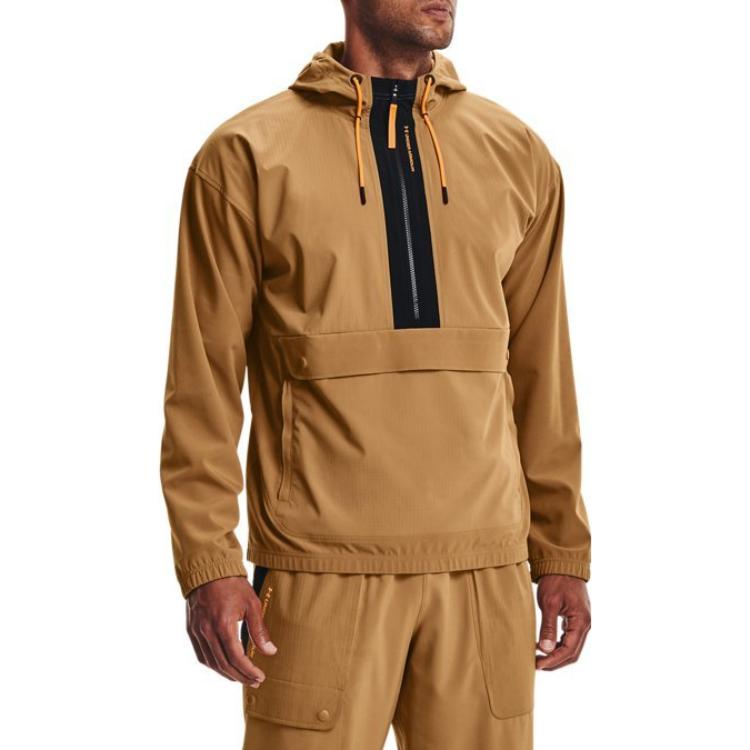 Under Armour Rush Series Popover Тканая тренировочная куртка с капюшоном на молнии с половиной молнией Мужская верхняя одежда Коричневый 1366188-277