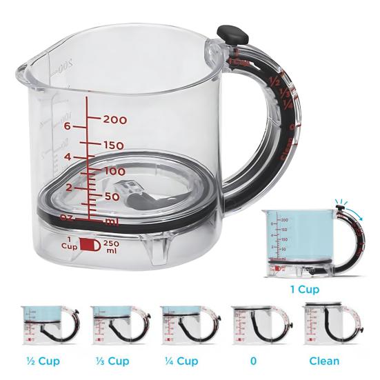 Мерный стакан 4-в-1 с регулировкой и краями-скребками. Многофункциональный кухонный аксессуар для выпечки и готовки.