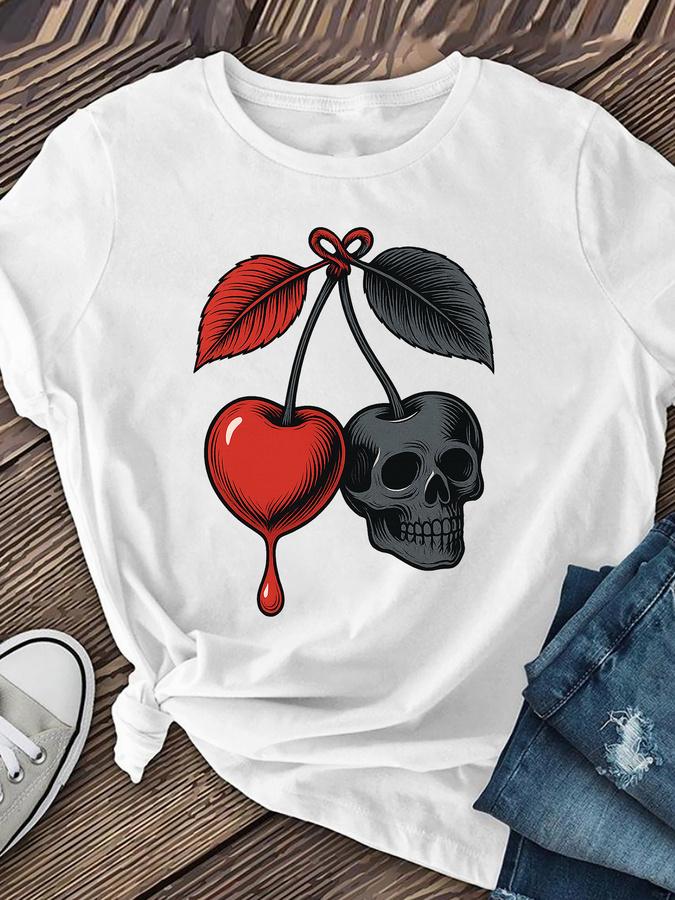 2000s Cherry and Skull Print Graphic Short Sleeve T Shirt Women's Causal Y2k T-shirt Clothes Graphic Vintage Tees Tops Clothing