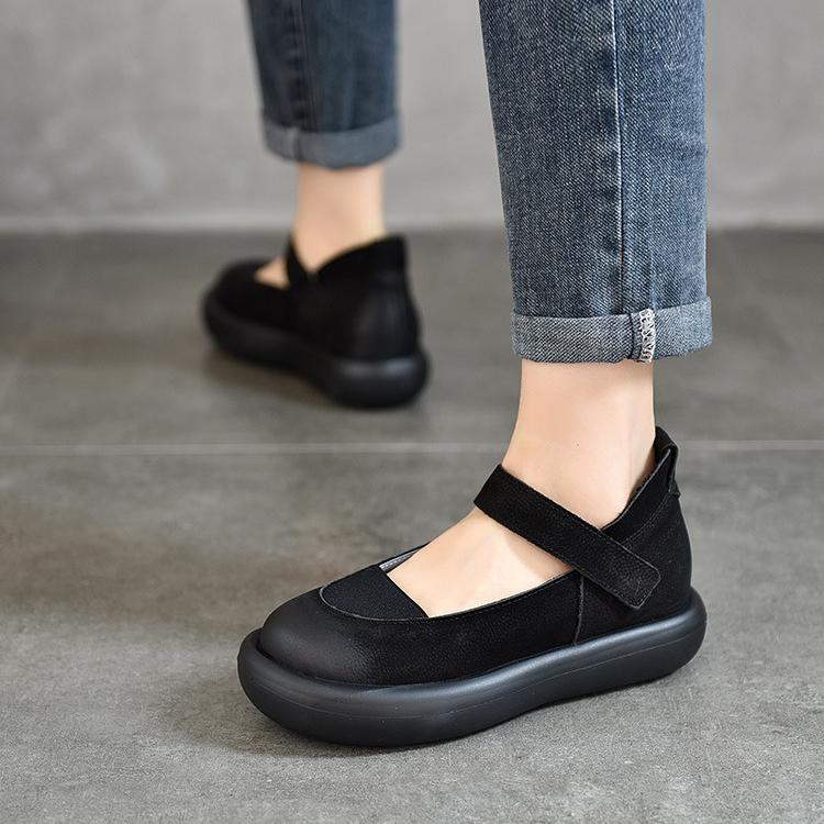 Johnature Shallow Genuine Leather Round Toe Thick Sole Flat Shoes Mary Jane Women's Shoes