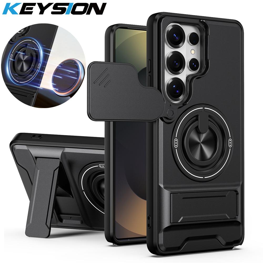KEYSION Магнитный чехол для телефона для Samsung Galaxy S23 S24 Ultra S24+ S23 FE Защита камеры со сдвижной крышкой Вертикальная подставка Кольцо Ударопрочный чехол