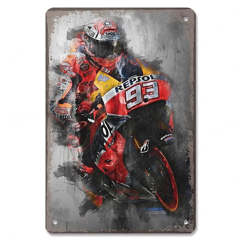 Хисун Металлическая табличка Винтажная Мотогонщик MotoGP Металлическая жестяная табличка Ретро Мотоциклетные гонки Железная живопись Настенное искусство Классический Мотоциклист Декоративная табличка f