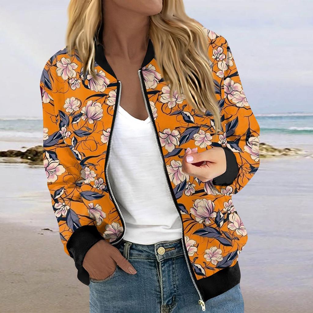 Куртки для женщин, легкие укороченные куртки с длинным рукавом на молнии, модная верхняя одежда с принтом, повседневные стеганые куртки с карманами