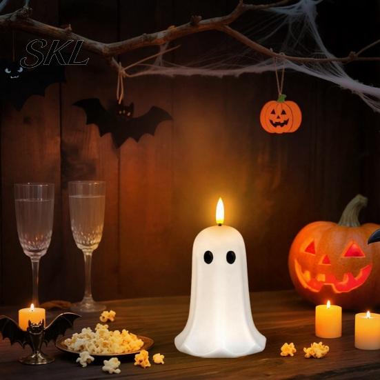 Indoor Festive Atmosphere Lamp Halloween Ghost Flameless Candles, Battery Operated LED Flickering Light, Real Themed Home Decorations Wax Cute