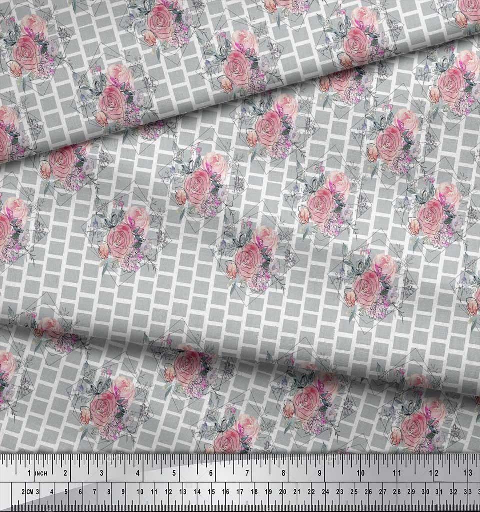Soimoi Gray Poly Crepe Fabric Square & Rose Floral Print Sewing Fabric metre 42 Inch