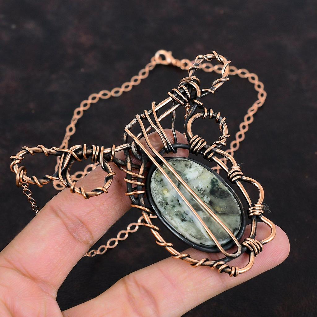 Ожерелье из агата из дерева, ожерелье из медной проволоки, уникальное медное ювелирное изделие, регулируемое ожерелье из цепочки ручной работы, ожерелье из драгоценных камней, подарки для друга