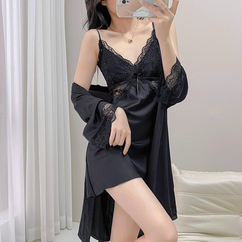 Sexy Female Nighty Robe Set Intimate Lingerie Spring Summer Kimono Bathrobe Gown Sleepwear Two Piece Set Loose Satin Home Dress