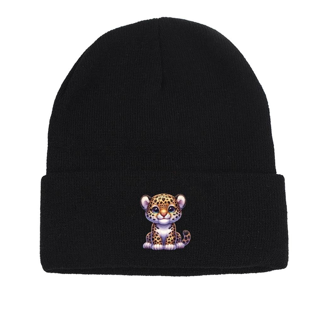Cartoon Leopard Warm Knitted Cap Beanie, Man Cap Elastic Warm Leisure Bobble Hat Knit Hat Beanie