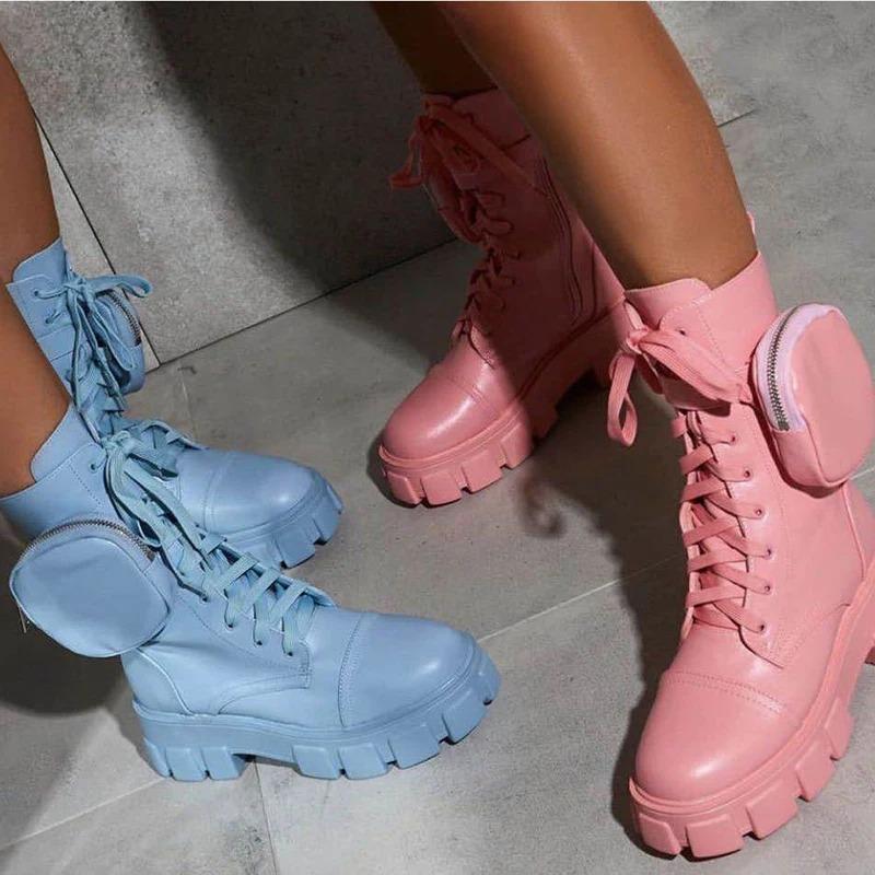 Стильные ботинки на платформе с маленьким карманом женские ботинки на шнуровке с круглым носком для осени