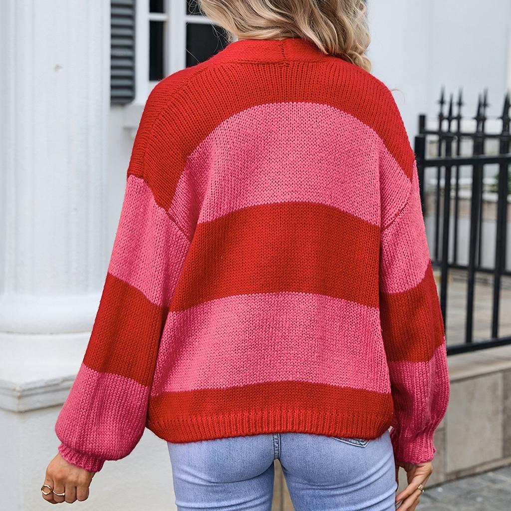 Women's Casual Fashion Comfortable Round Neck Cardigan Colorblock Long Sleeve Street Trend Knitted Sweater