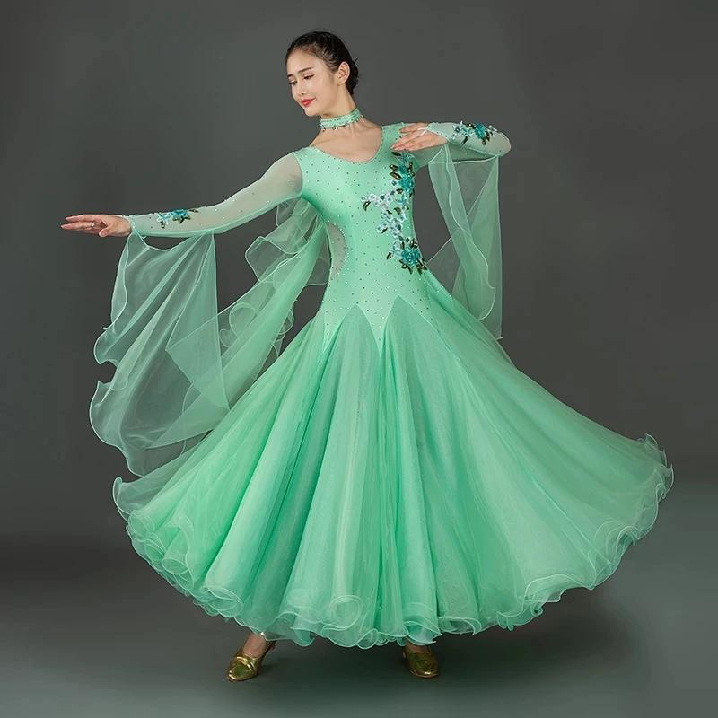 Big Swing Green Ballroom Dance Competition Dress With Rhinestones Waltz Dress Social Sance Dress Rumba Dance Costumes Ball Gown