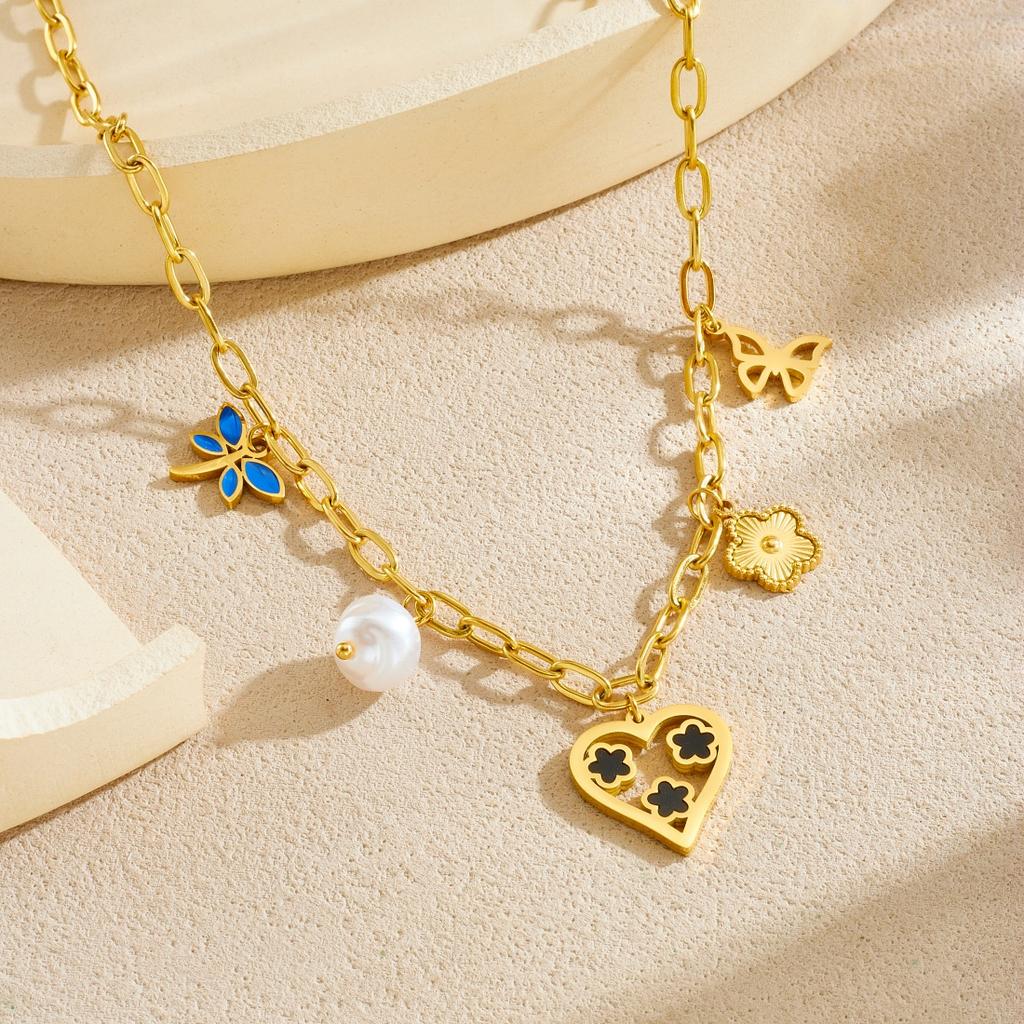 DIEYURO 316L Stainless Steel Creative Design Cute Flower Hollow Heart Butterfly Dragonfly Necklace Lady New Classic Neck Chain