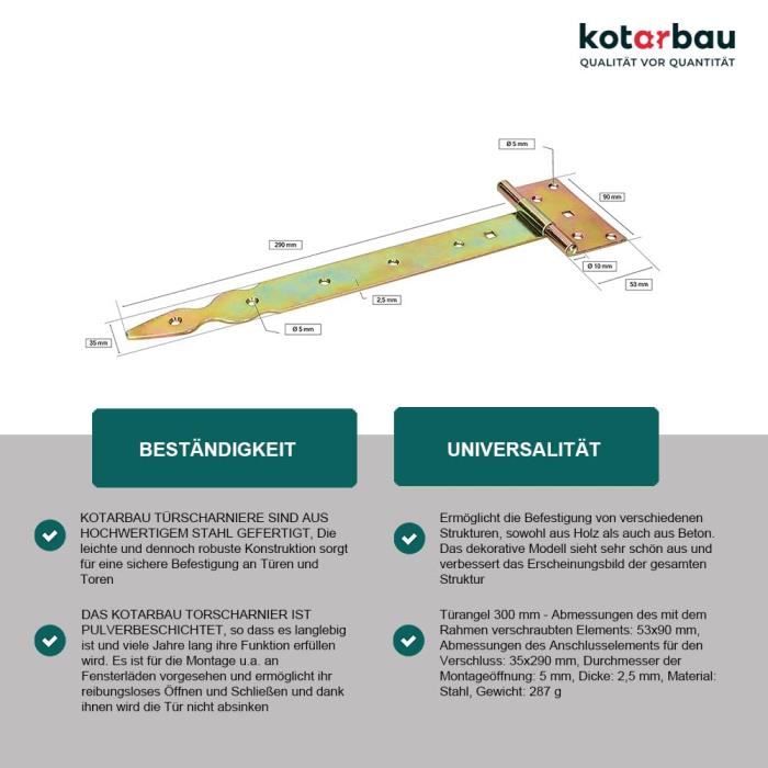 2 шт. Charnière de porte en T - Acier - Revêtement en Zinc - 300 мм - устойчив к воздействию влаги KOTARBAU