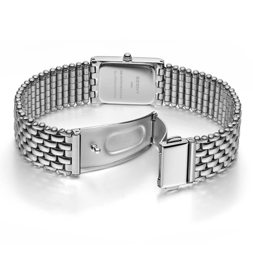 BERNY Silver Watch with Vintage Rectangular Case and 3ATM Water Resistance Women's