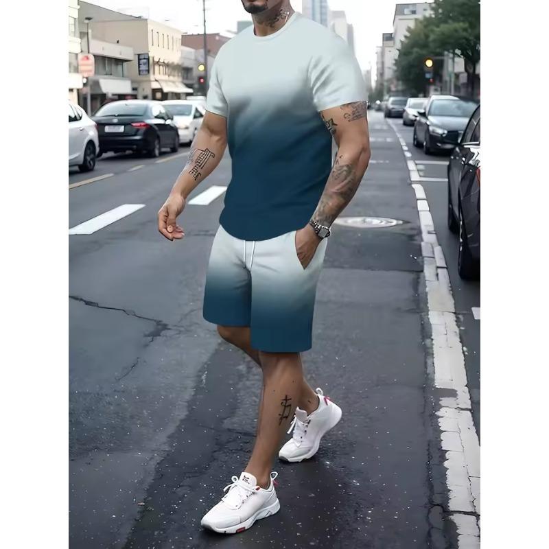 3D-печать Мужская спортивная одежда Фитнес-комплект Беговой костюм Повседневный комплект футболка+шорты Дышащий спортивный костюм для бега в полоску