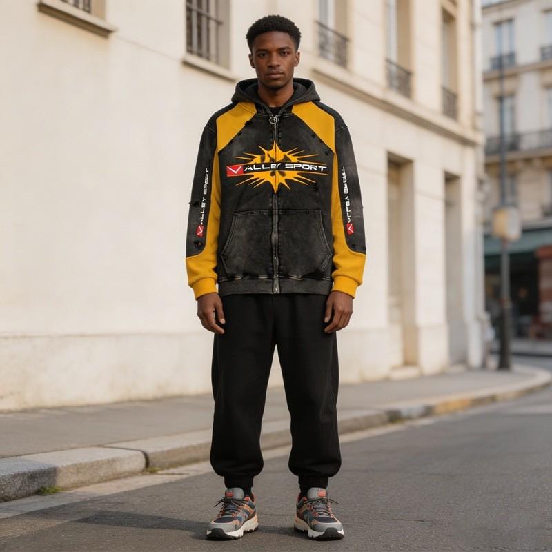 Vintage Distressed Zip-Up Hoodie Men Streetwear Hip Hop Style Cotton Blend 330-340 GSM Fall 2025