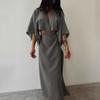 Women's V Neck Maxi Dress Sexy Hollow Out Short Sleeve Bodycon Split Dress Summer Cotton Linen Long Dress for Beach Vacation