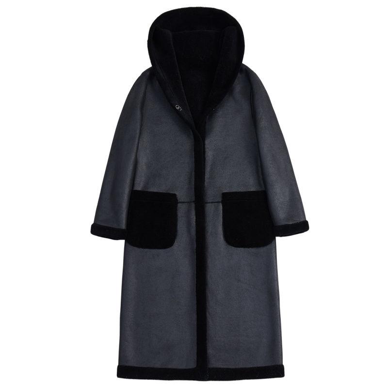 Новая модная женская куртка из искусственной кожи, зимняя овечья кожа с мехом, пальто с капюшоном, двусторонние дубленки