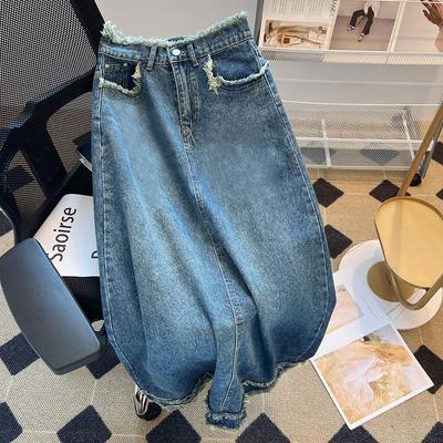 Элегантная джинсовая юбка женская А-силуэт с необработанным краем, дизайн халтер, черная, серая, грушевидной формы, высокая талия, прямой, пакет, бедра, средняя длина, модная джинсовая юбка-бюстье