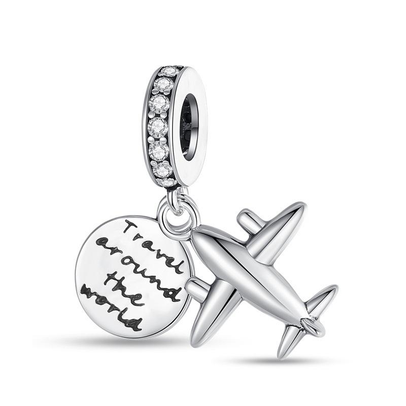 S925 Silver Travel Theme Airplane Luggage Camera Charm Bead DIY Jewelry Bracelet Accessory Set