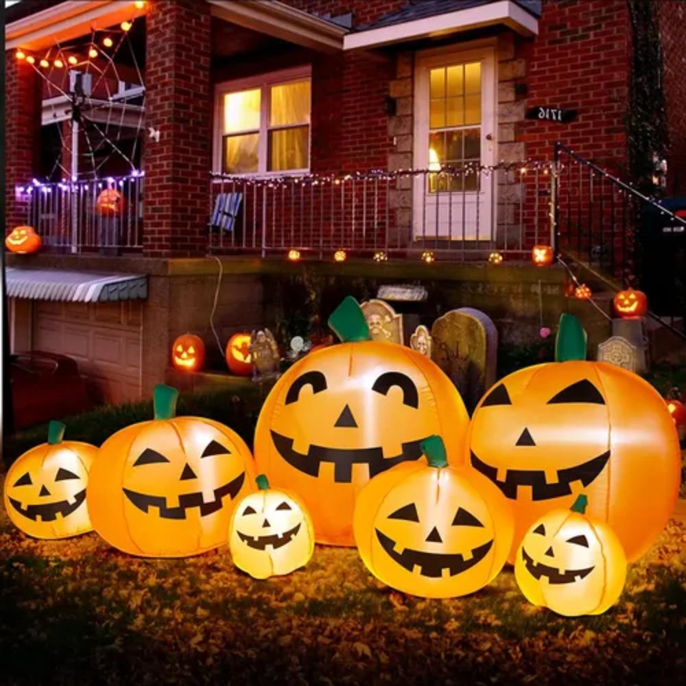 Cloth 7pcs Inflatable Halloween Pumpkin Conjoined Air blower Blowing Up With LED Lights Halloween Decoration Party