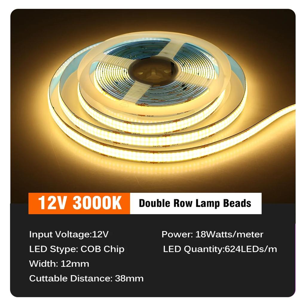 COB LED Lights Strip DC12V/24V High Brightness Flexible FOB LED Tape Double Row 624LEDs/m RA90 3000K 4000K 6000K Dimmable Strip