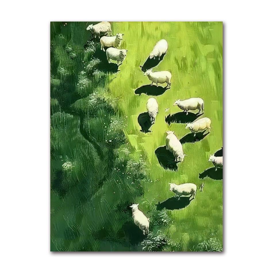 Modern Minimalist Pastoral Frameless Canvas Poster, Green Background with Sheep Herd, Wall Mural for Home Decor