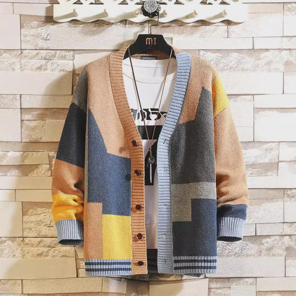 Мужской кардиган большого размера из кашемира в стиле пэчворк: Уникальный свитер с V-образным вырезом на осень/зиму