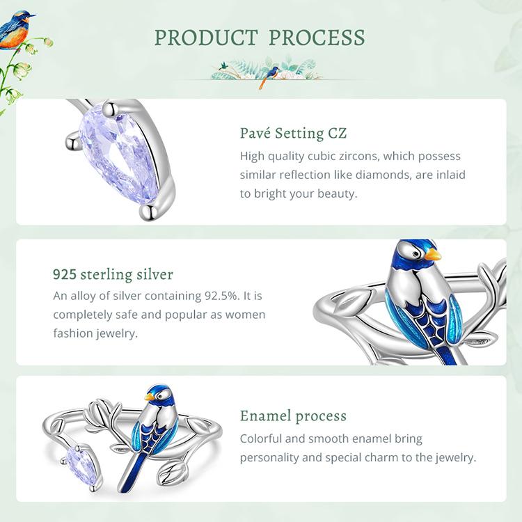 BAMOER 925 Sterling Silver Exqusite Blue Bird Ring for Women Fine Jewelry Dainty Leaf Open Ring Fashion Wedding Gift