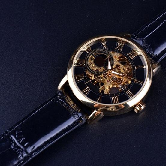 Forsining 3d Logo Design Hollow Engraving Black Gold Case Leather Skeleton Mechanical Watches Men Luxury Brand Heren Horloge