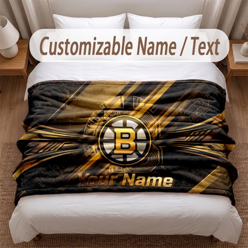 Boston Bruins Printed Flannel Blanket Custom Name Text Soft Warm Throw For Bedroom Holiday Gift