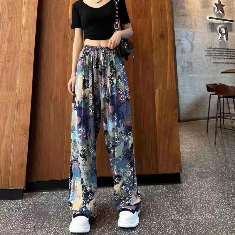 Ice Silk Wide-legged Pant Women's Summer High-waisted Drape Loose Lazy Ink Zen Straight Casual Sun Trousers