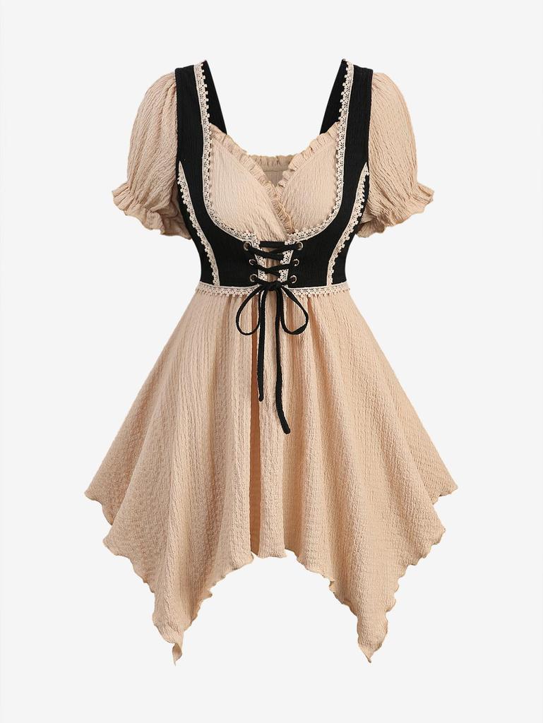 Rosegal Plus Size Cold Shoulder Puff Sleeves Textured Ruffles Lace Up Floral Trim Crochet 2 In 1 Corset Top