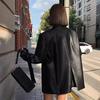 Женский черный коричневый мягкий ПУ блейзер с подплечниками, длинный рукав, однобортный свободный повседневный пиджак, топы, корейское модное пальто
