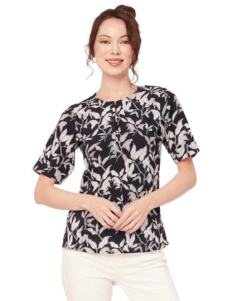 Moomaya Printed Viscose Summer Top For Women, Round Neck Short Sleeves Casual Top
