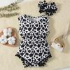 Infant Baby Girl Cow Pattern Pom-pom Decor Sleeveless Bodysuit With Headband