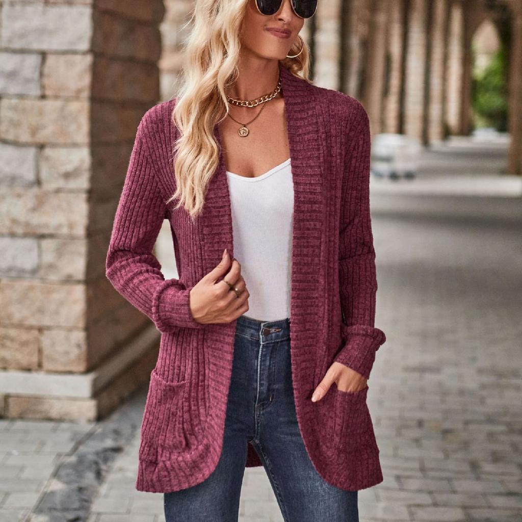 Women Ladies Solid Color Long Sleeve Length Cardigan Sweater Coat Top
